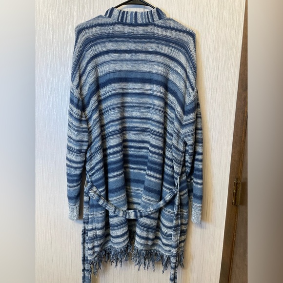 Lauren Ralph Lauren Belted Fringe Cardigan 2X | Blue Striped Linen Cotton blend - Picture 5 of 6
